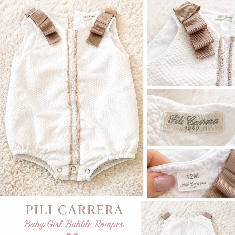 Pili Carrera Baby Girl White Bubble Romper 12M Luxury Spain Worn Once